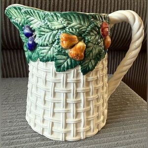 Jay Wilfred Woven Pitcher Fruit Design Bassano Italy White Majolica Basketweave
